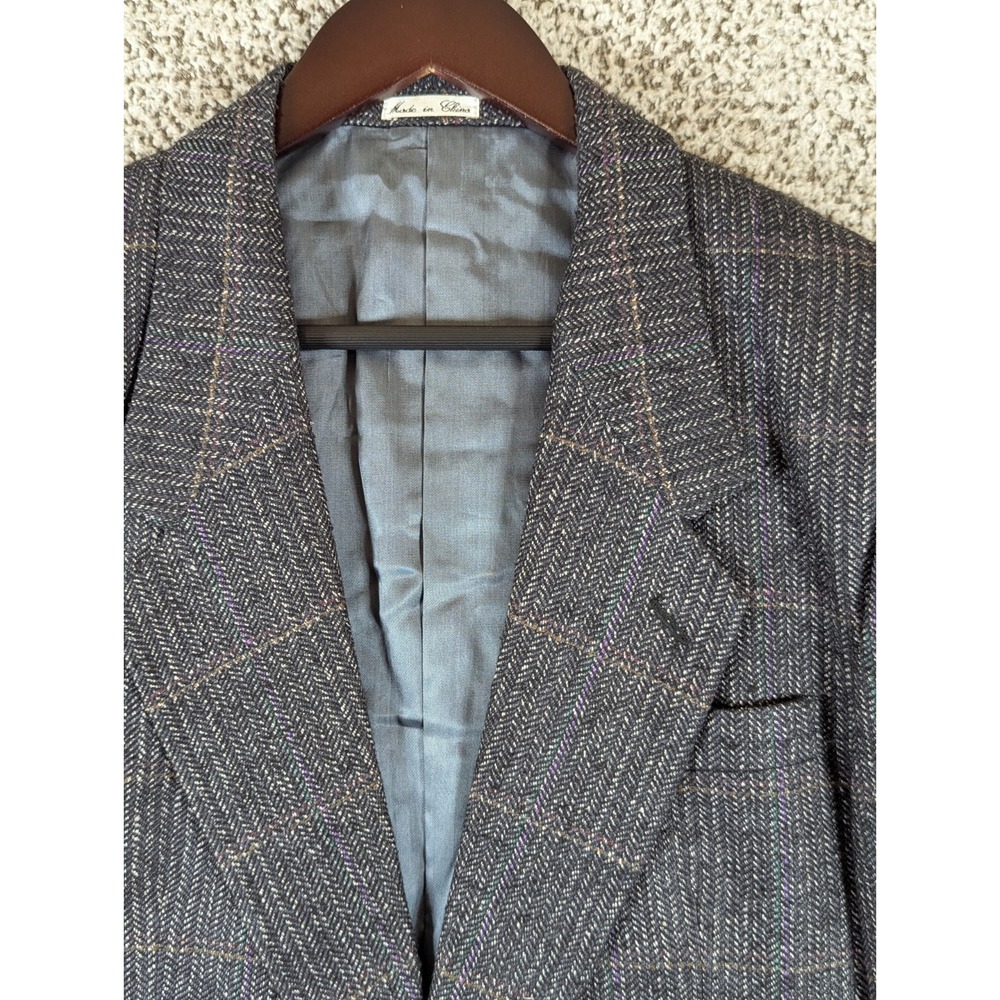 100 Percent Silk 2 Button Blazer Coat By Cellini Men's 40R Charcoal Windowpane - Picture 4 of 16